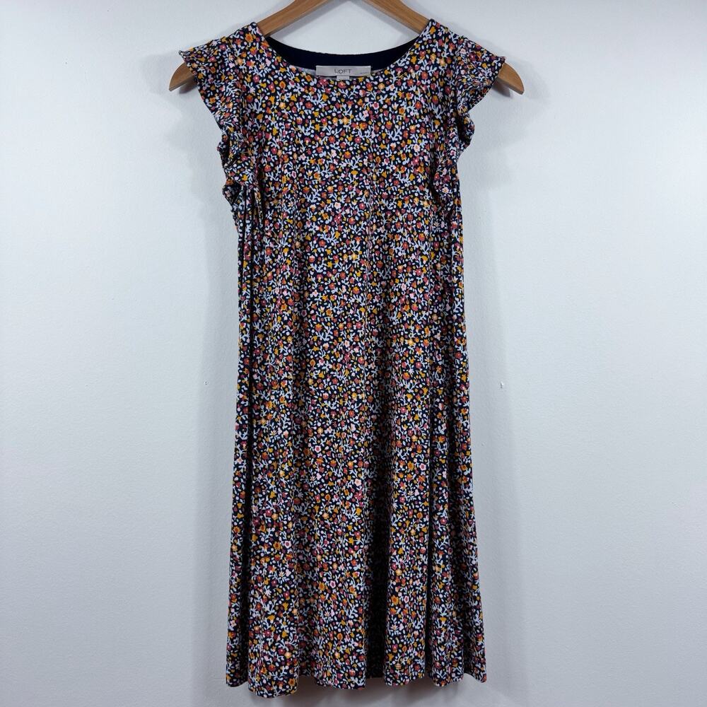 Women’s Blue Floral Dress Orange Ruffle Cap Sleeves XS Petite LOFT